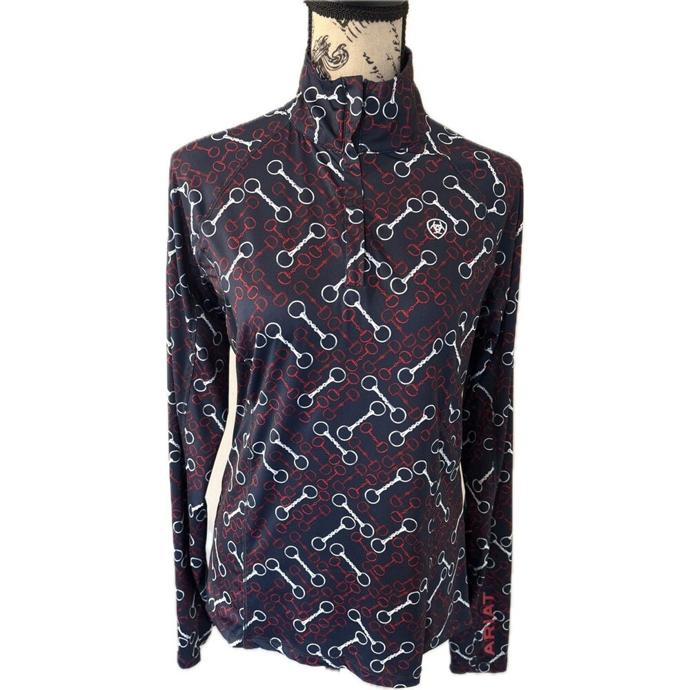 Ariat Tek Lowell 2.0 Baselayer Shirt Womens XS 1/4 Zip Equestrian Bit Print Navy